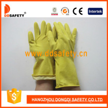 Yellow Latex/Rubber Household Gloves, DIP/Spray Flock Liner (DHL303)